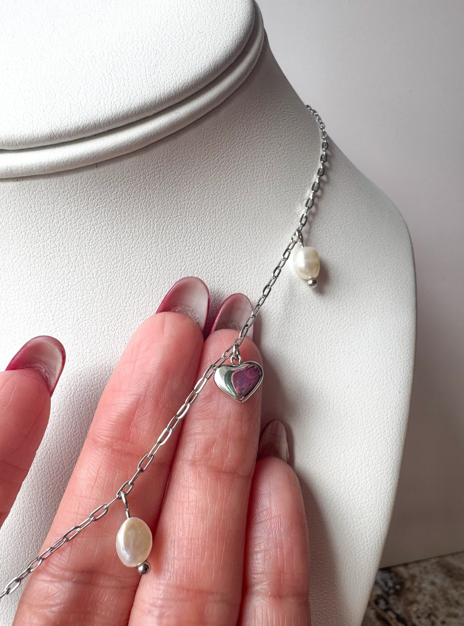 Cherry & Pearls Silver Steel Necklace