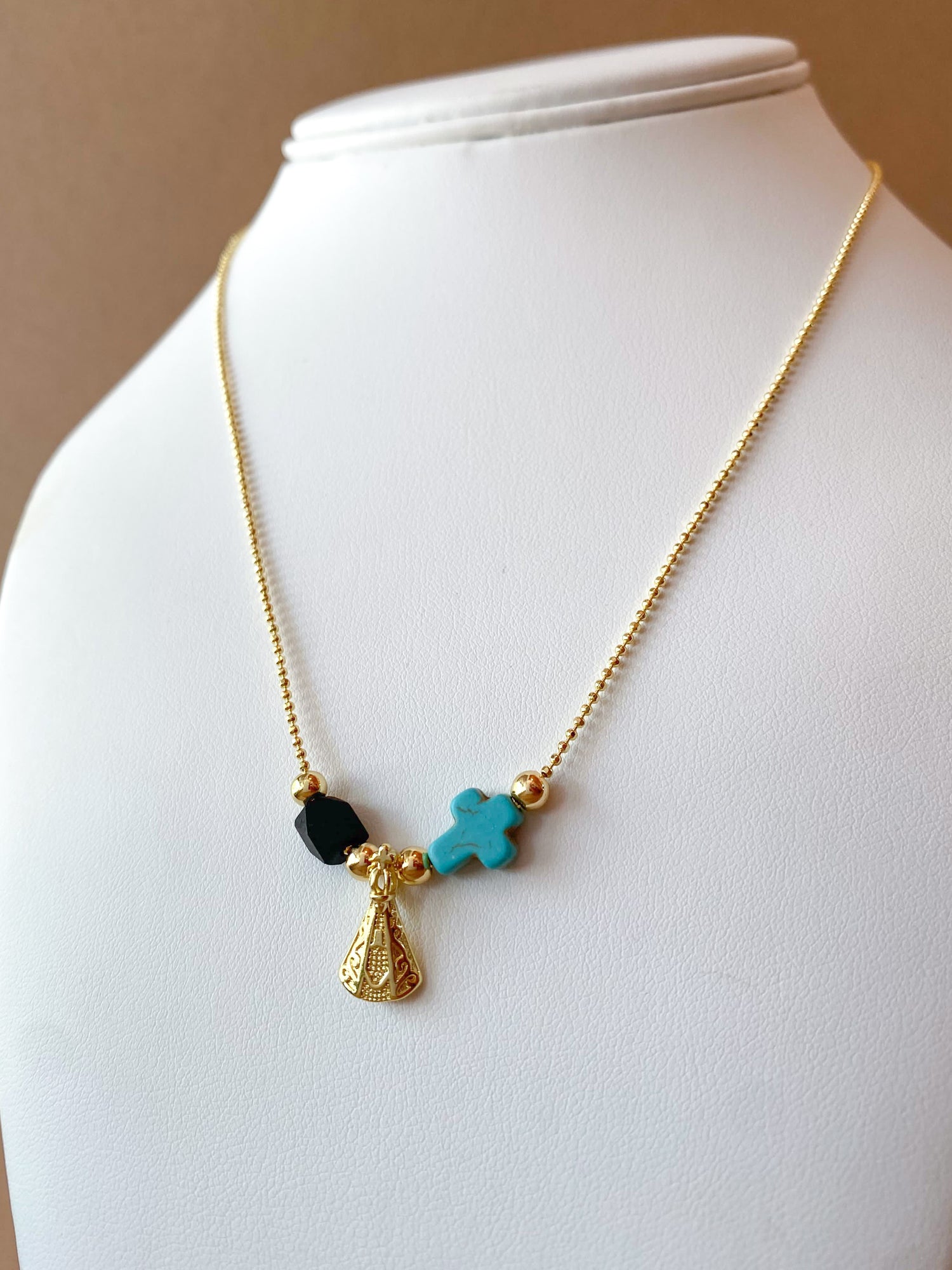 Green Cross, Azabache and Virgin of the Valley Necklace