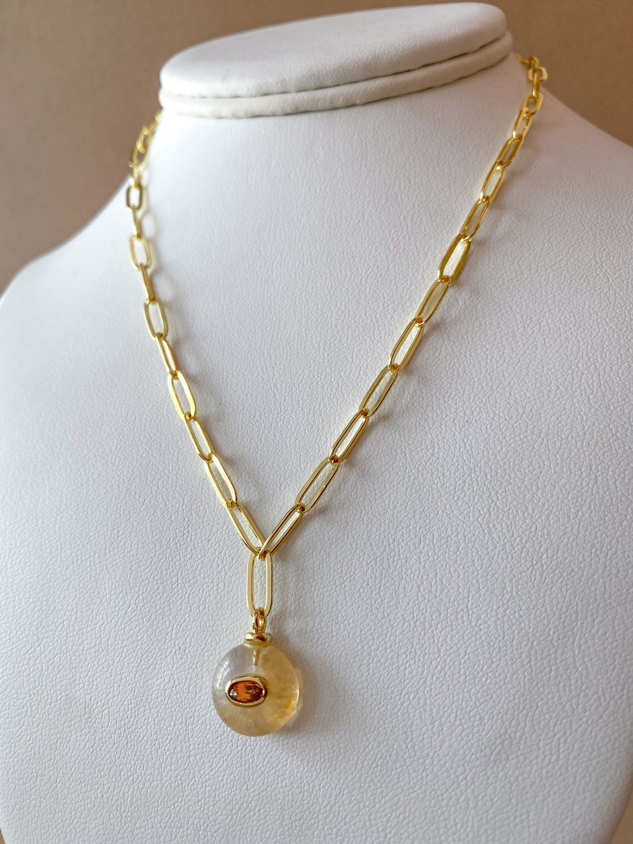 Pink and Yellow Quartz Stones Papers Clip Style Necklace