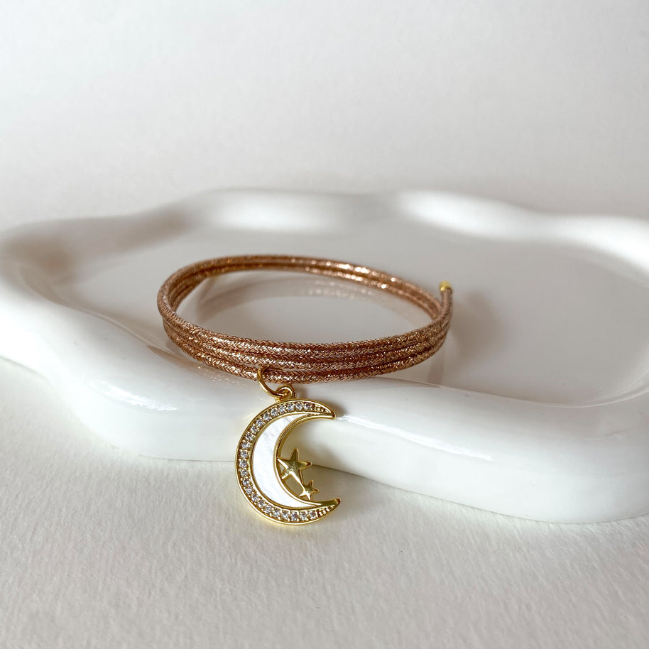 Adjustable Rose Gold Magnetic Cord Moon and Pink Heart Crystal Bracelet/Necklace