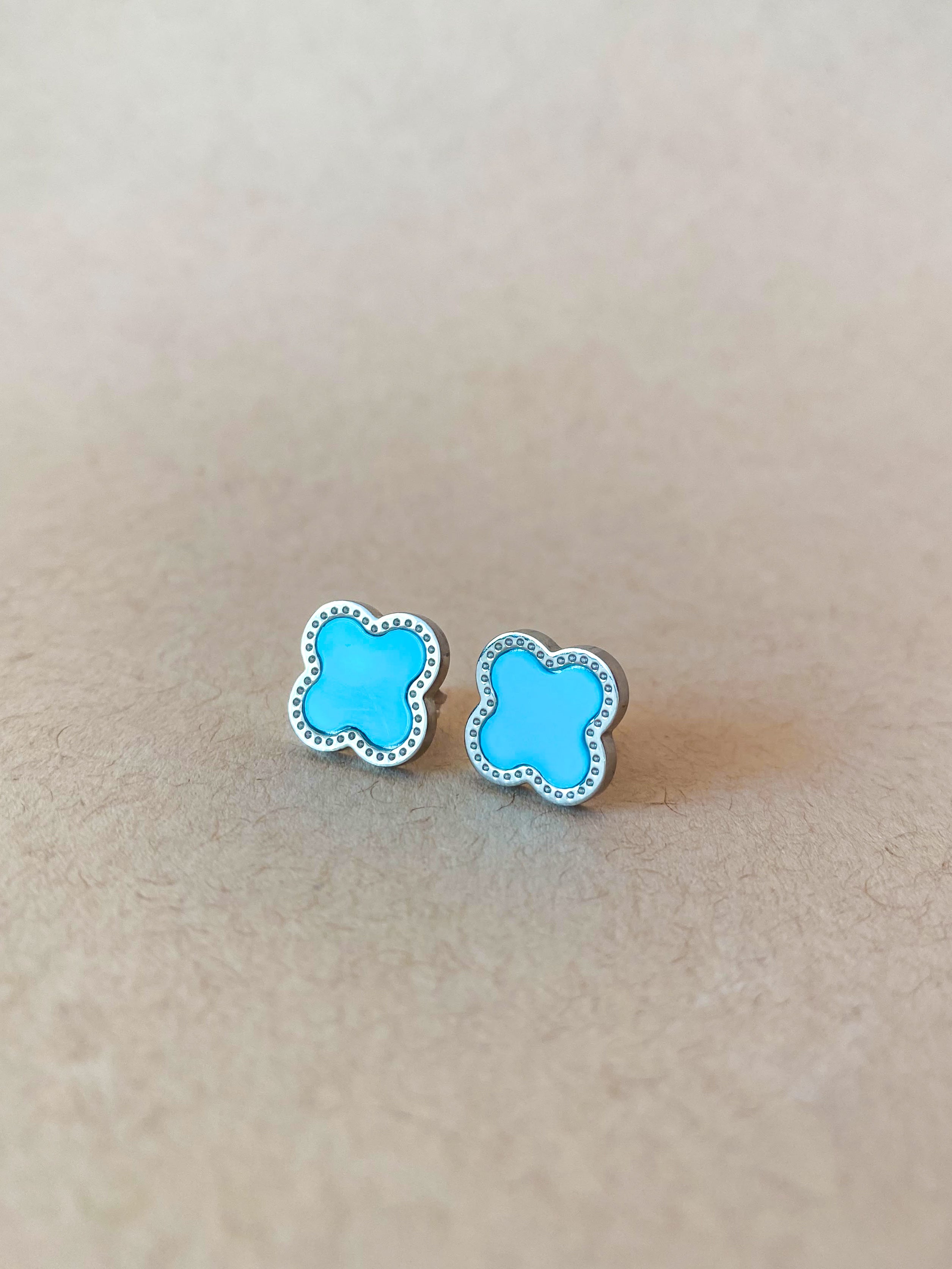 Silver Steel Blue Clover Necklace, Earrings or Set of Necklace and Earrings