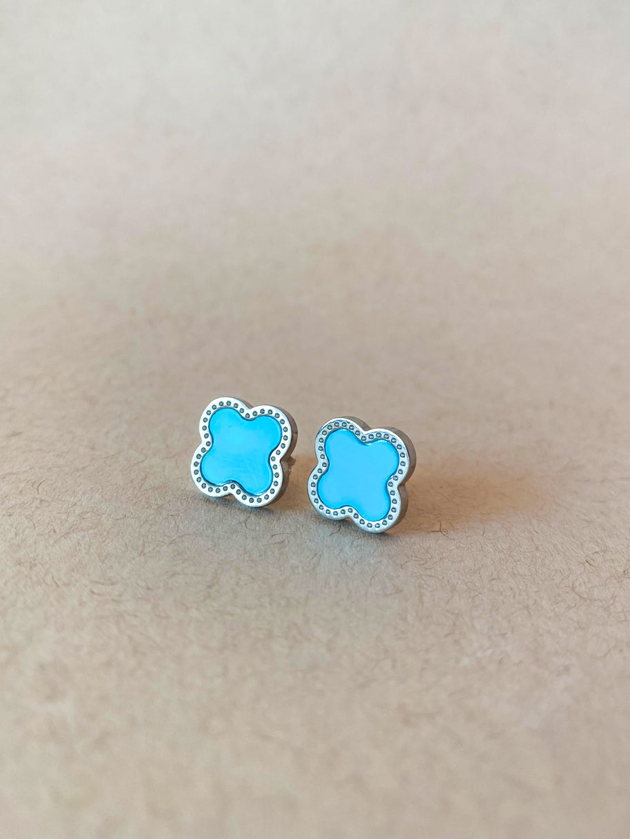 Silver Steel Blue Clover Necklace, Earrings or Set of Necklace and Earrings