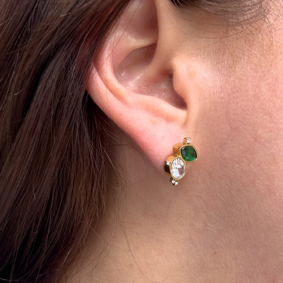2 Drop Zircon Green and Clear Steel Earrings
