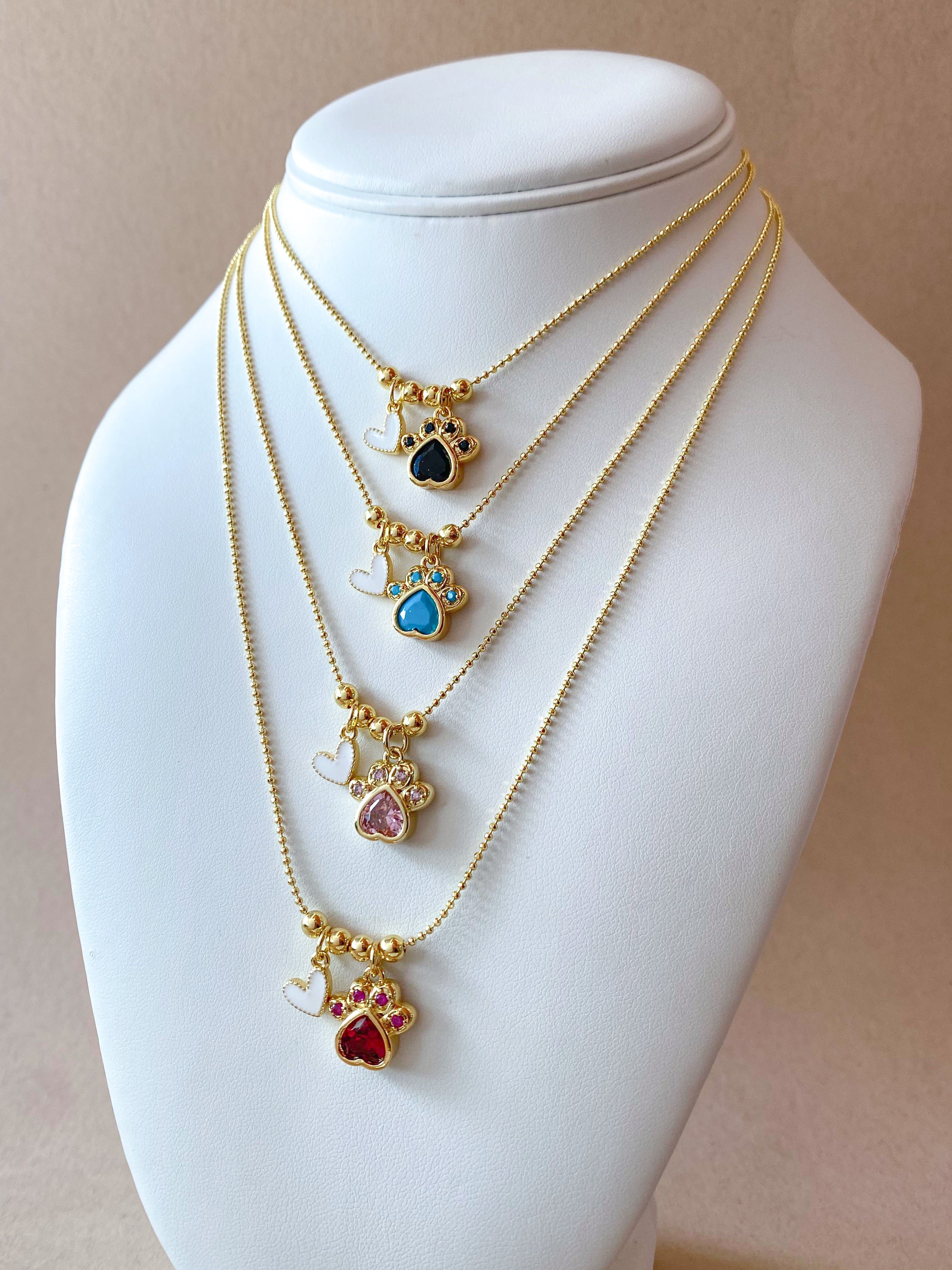 4 Different Multicolor Style of Dog Paw and Heart Necklace