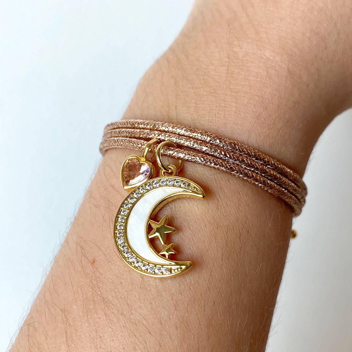Adjustable Rose Gold Magnetic Cord Moon and Pink Heart Crystal Bracelet/Necklace