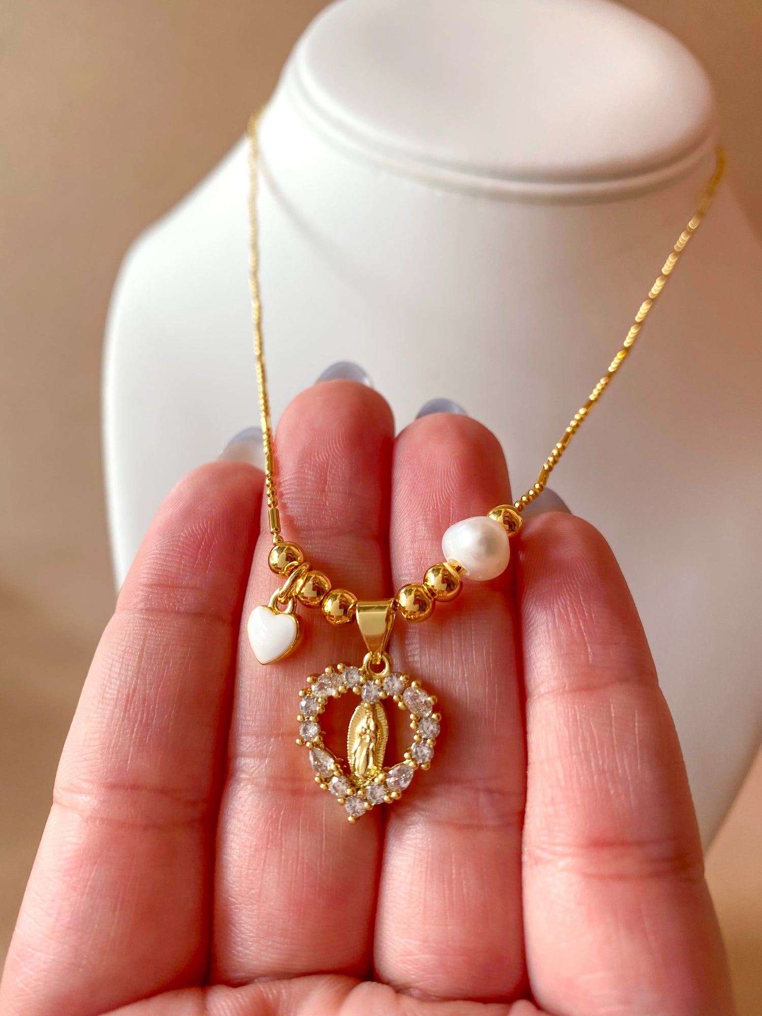 Guadalupe Virgin Crystal Heart Medal Adjustable Necklace
