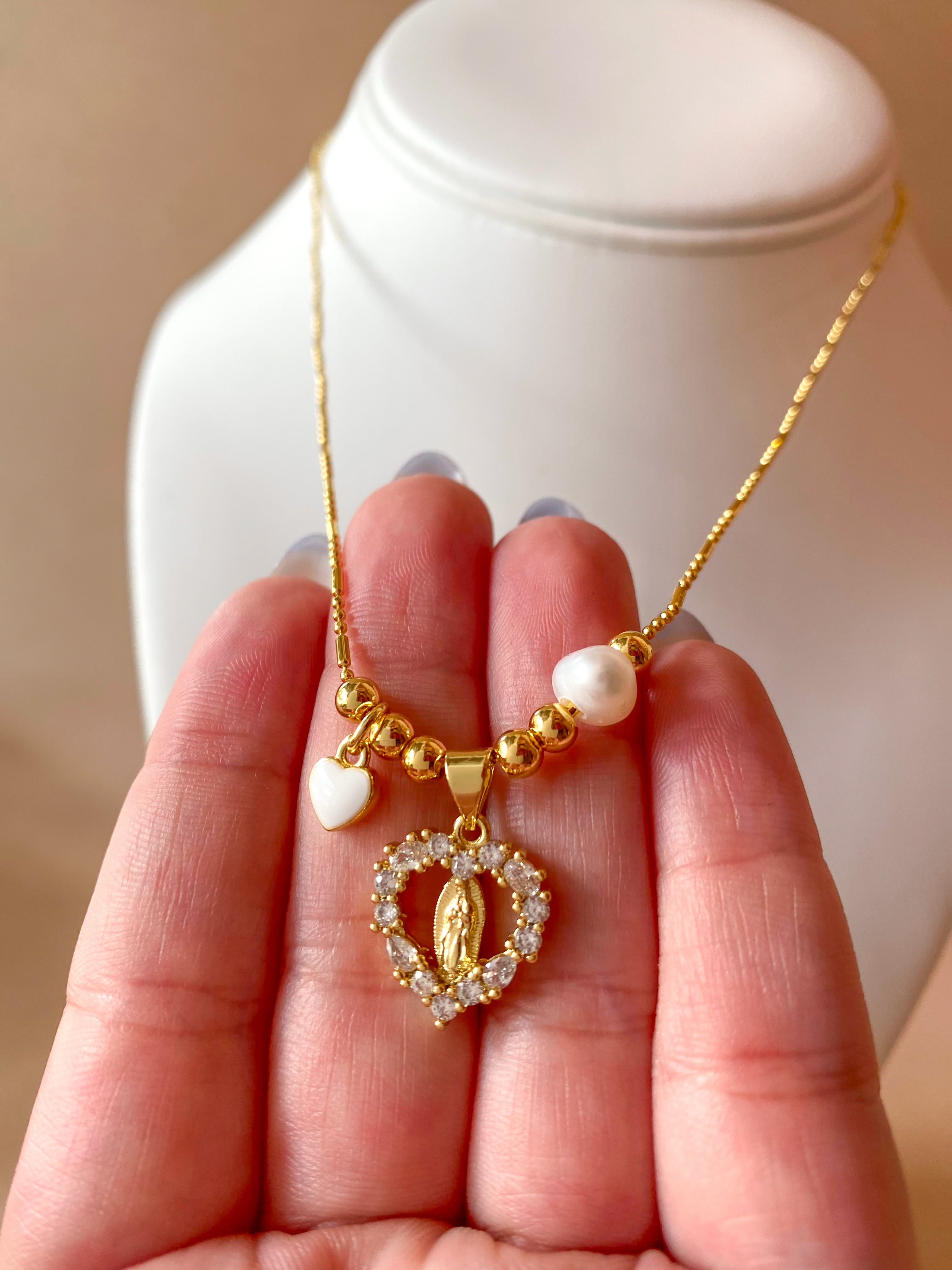 Guadalupe Virgin Crystal Heart Medal Adjustable Necklace