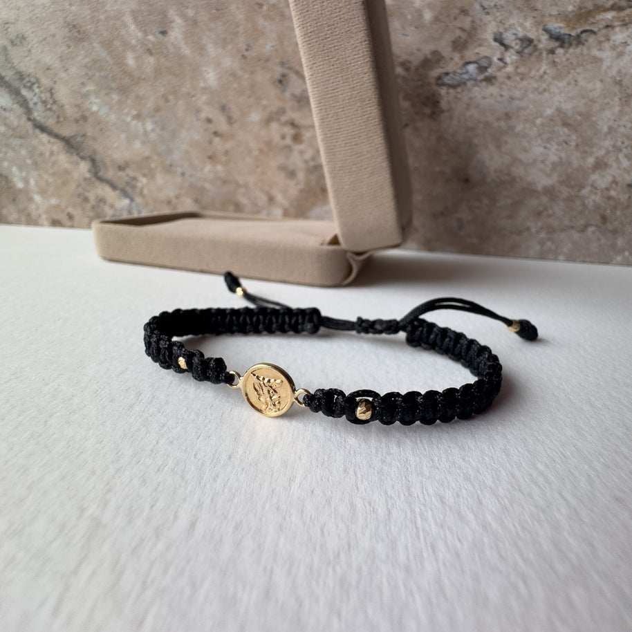St. Miguel 18K Solid Gold Medal in Black String Bracelet