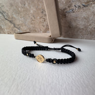 St. Miguel 18K Solid Gold Medal in Black String Bracelet