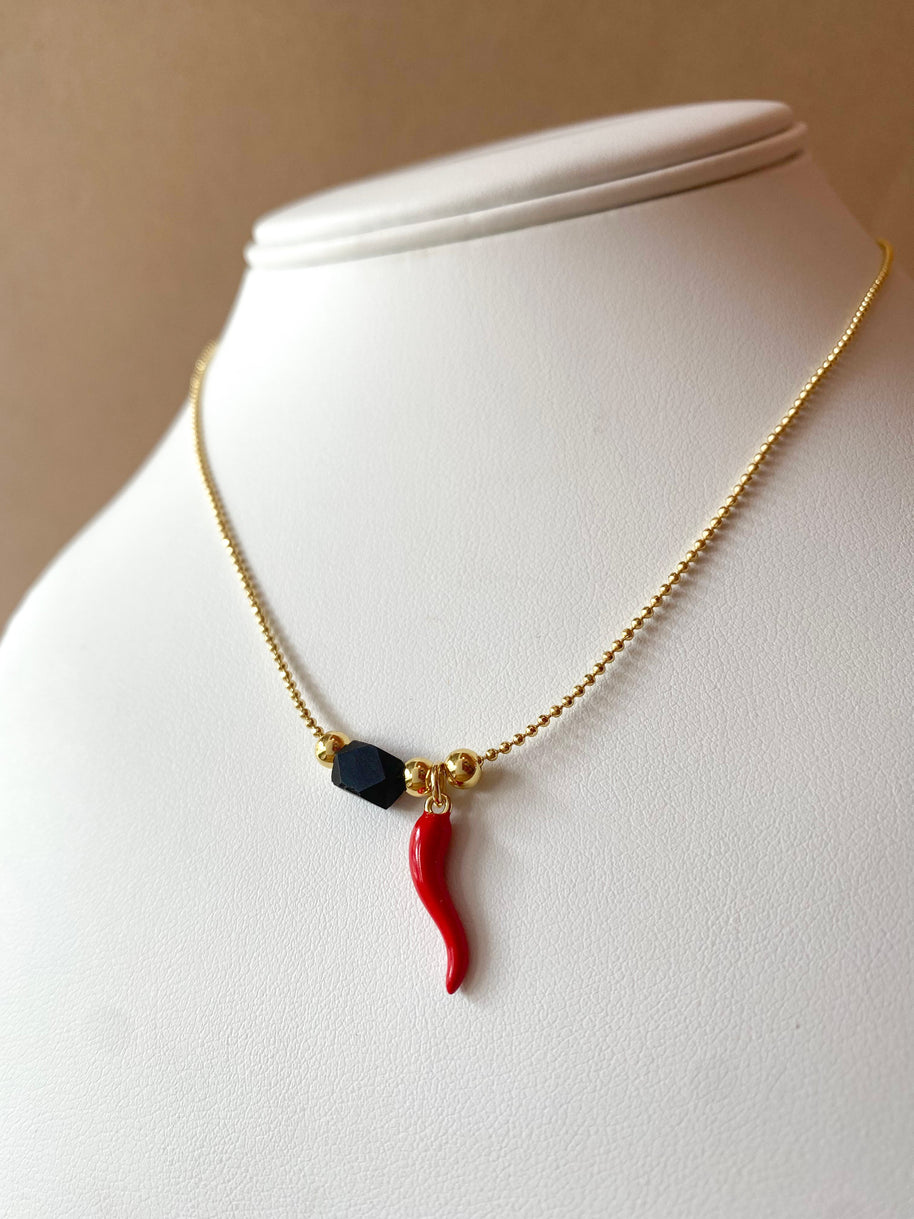 Azabache and Red Horn Adjustable Necklace