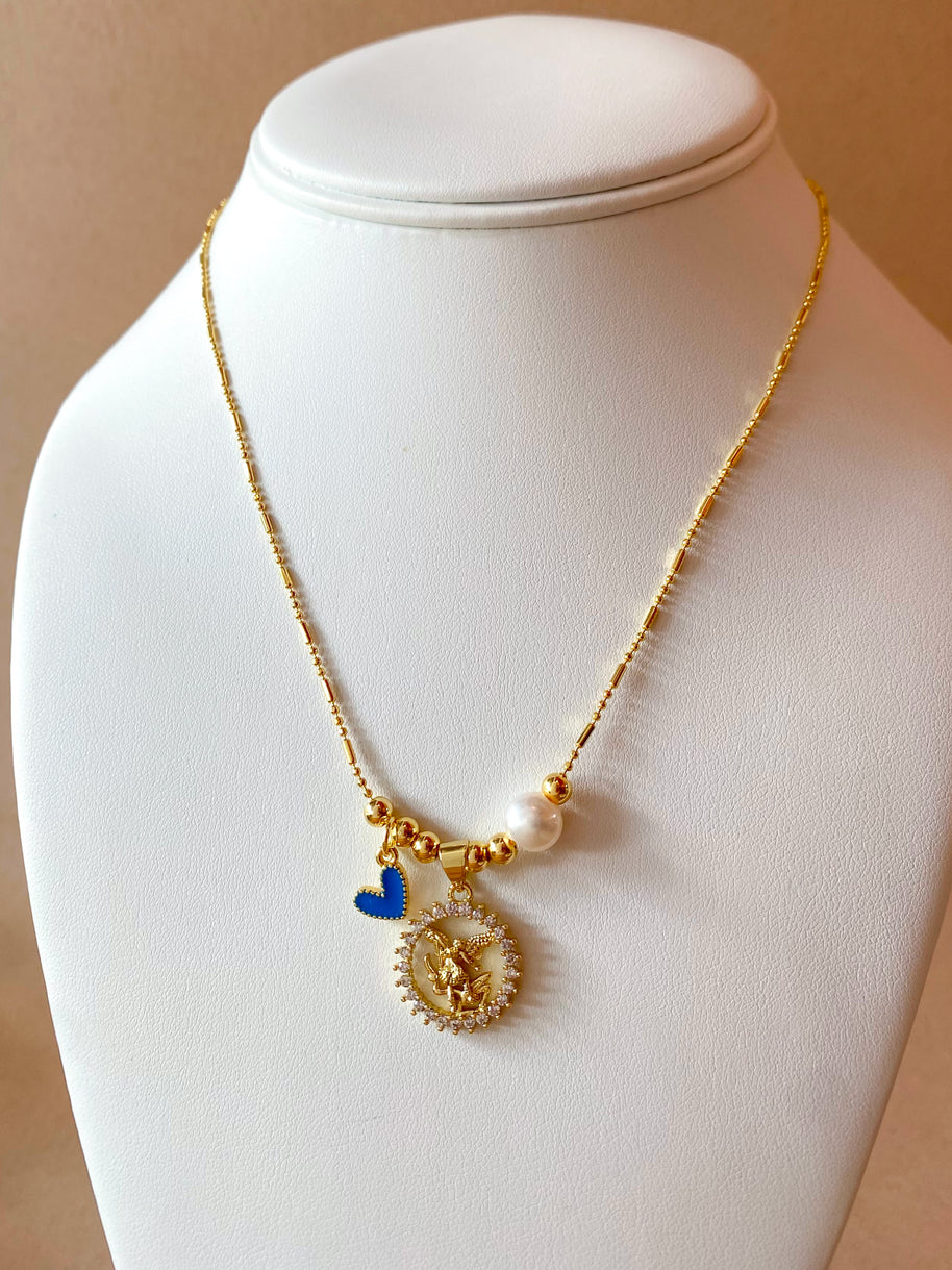St. Miguel Arcángel, Blue Heart & Pearl Crystal Medal Adjustable Necklace