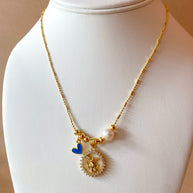 St. Miguel Arcángel, Blue Heart & Pearl Crystal Medal Adjustable Necklace