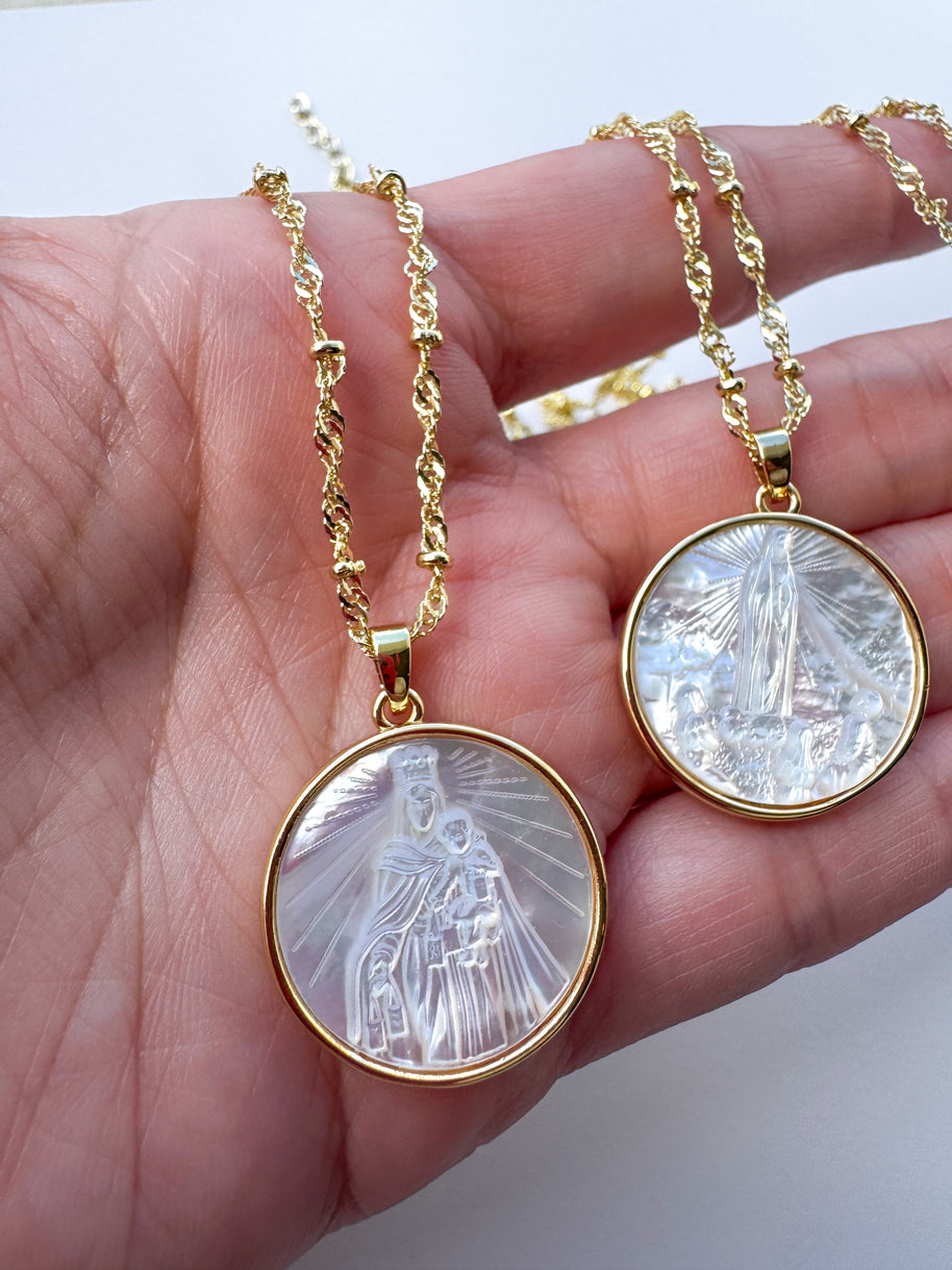 Sacred Mother of Pearl Assorted Medals Necklace