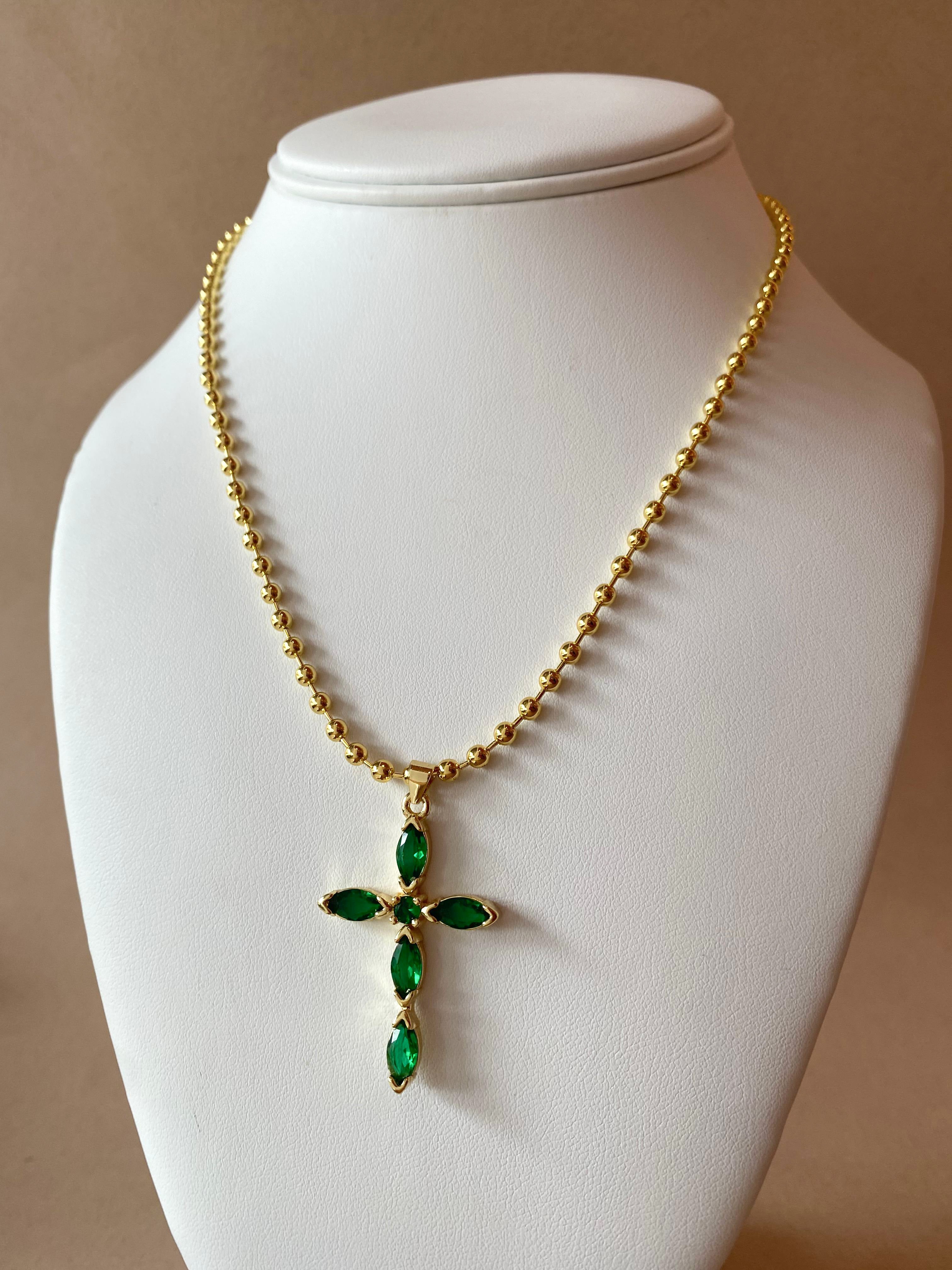 Green Cross Crystals Charm Necklace