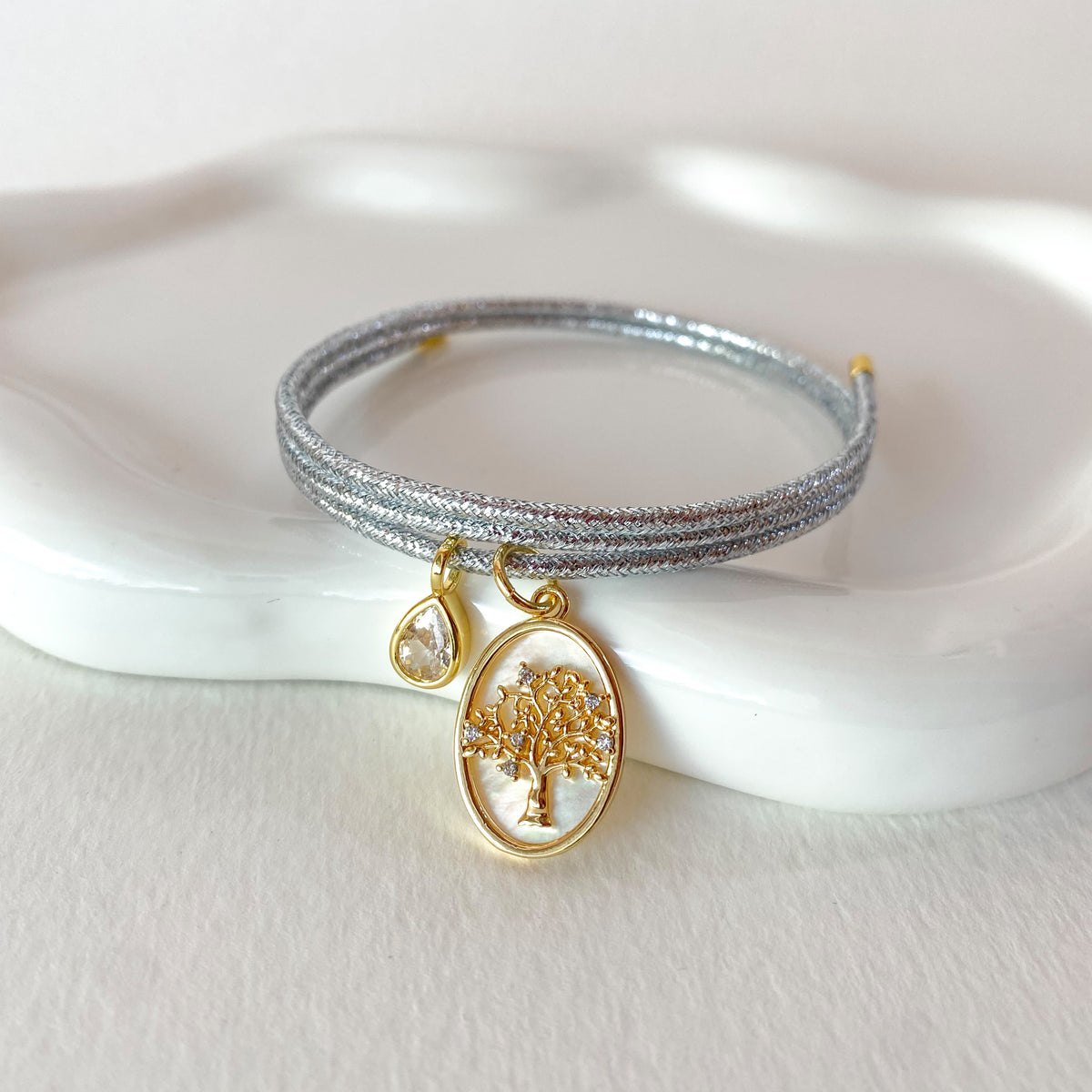 Adjustable Shiny Silver Magnetic Cord Tree of Life and Clear Drop Crystal Bracelet/Necklace
