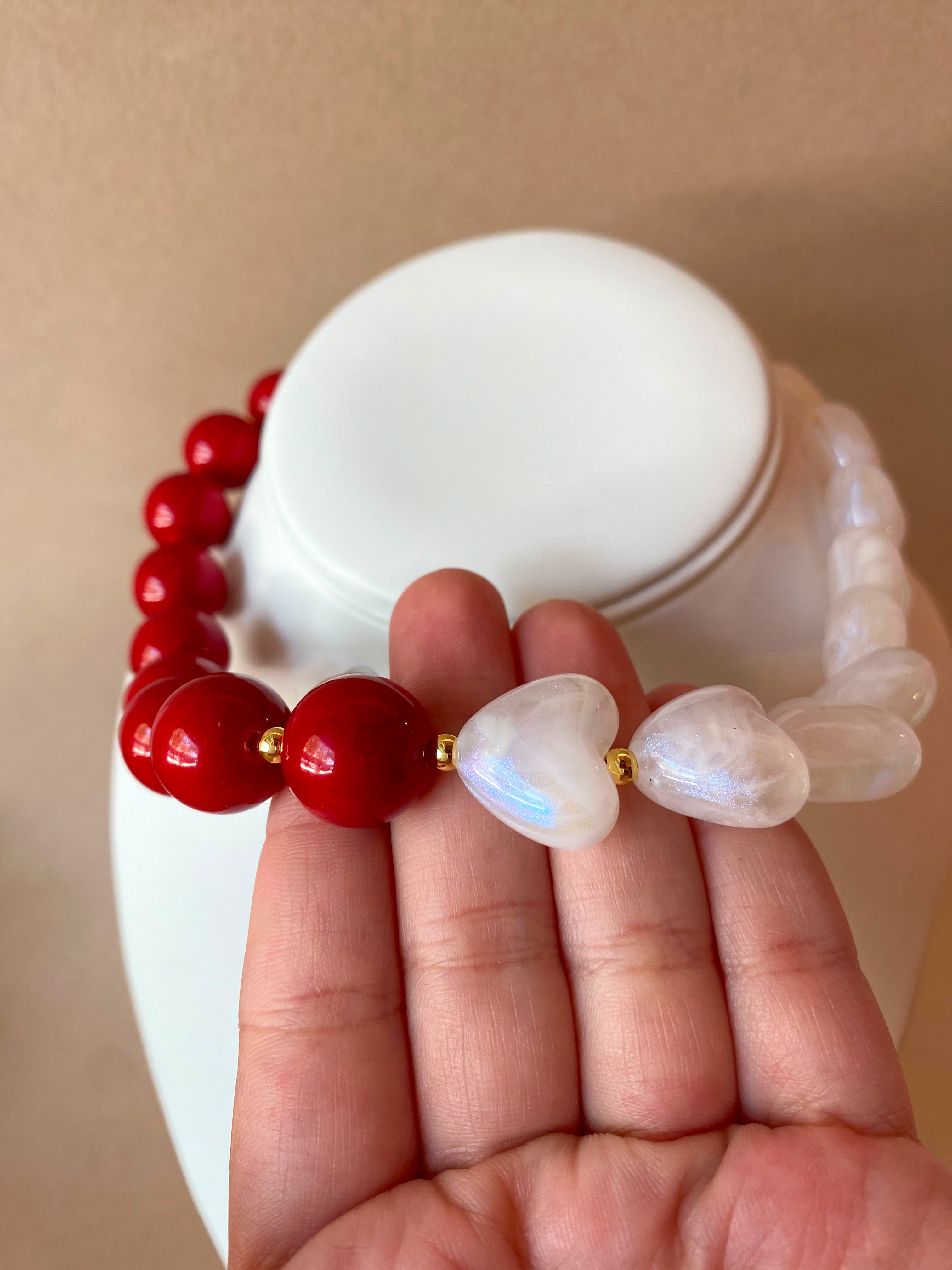 Red and White Shiny Ceramic Hearts and Balls Pattern Necklace