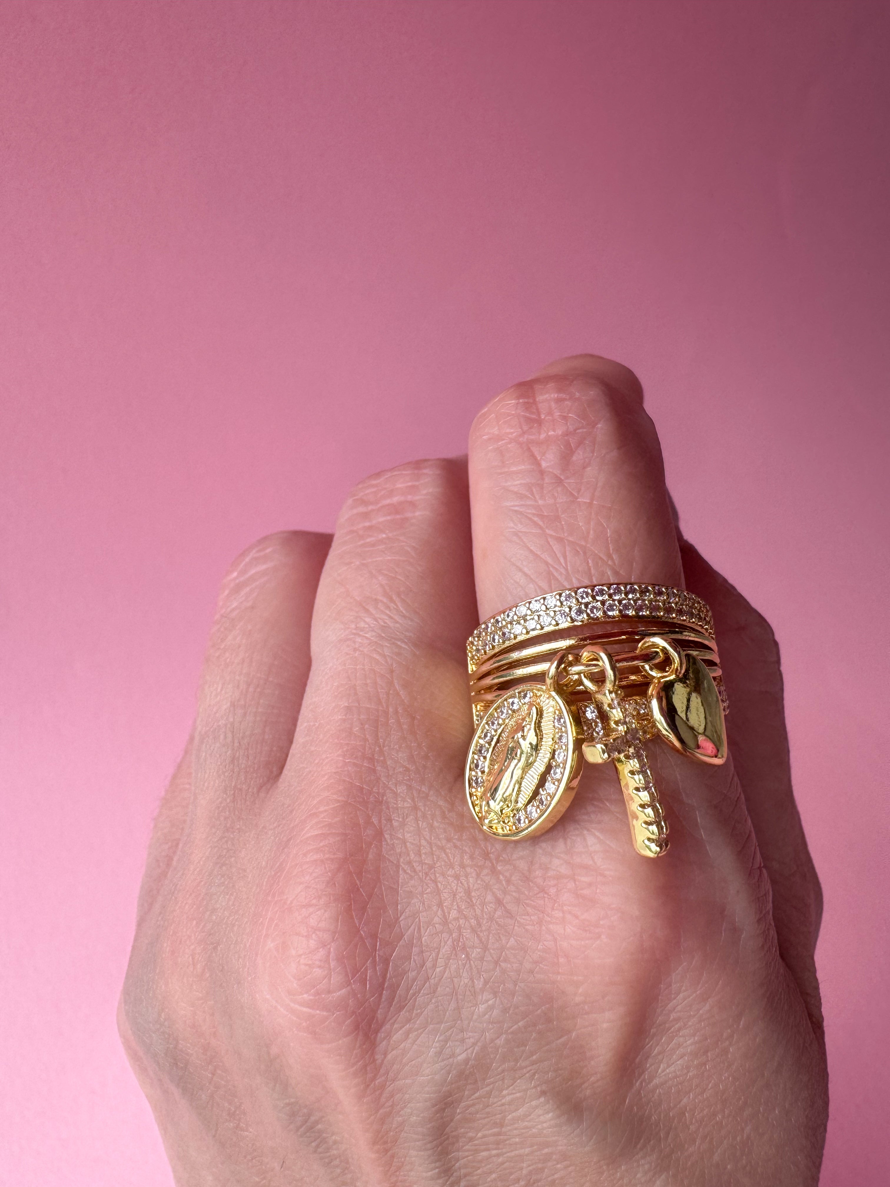 Guadalupe Style Cross and Heart Ring