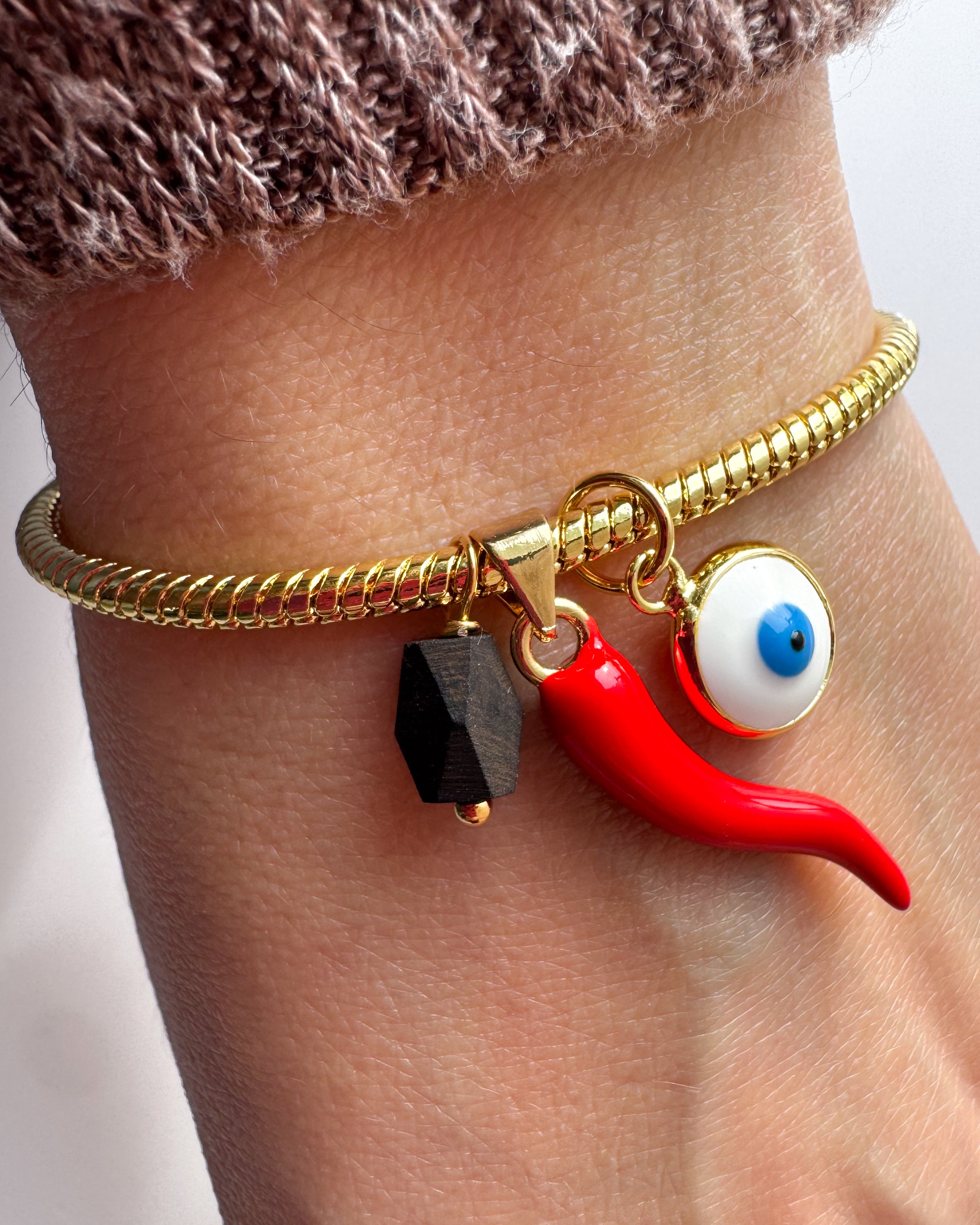 Red Horn + Azabache + Evil Eye Charms Bracelet