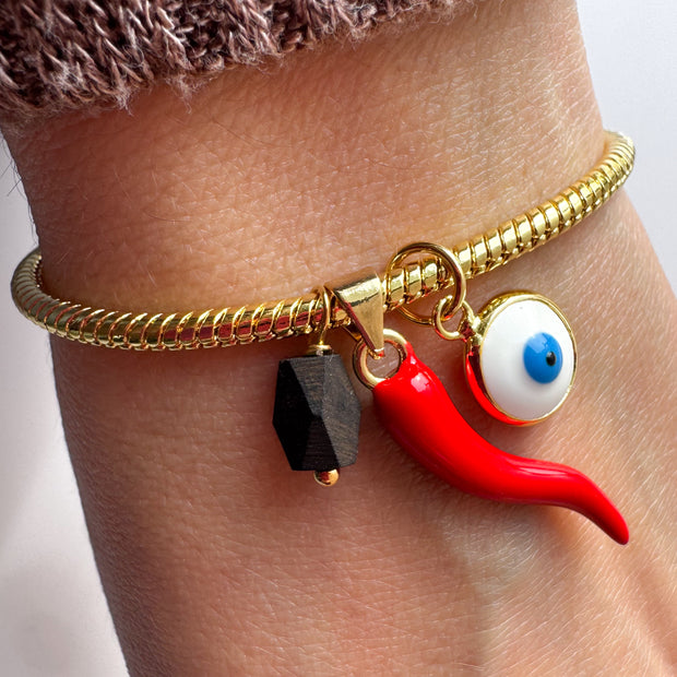 Red Horn + Azabache + Evil Eye Charms Bracelet