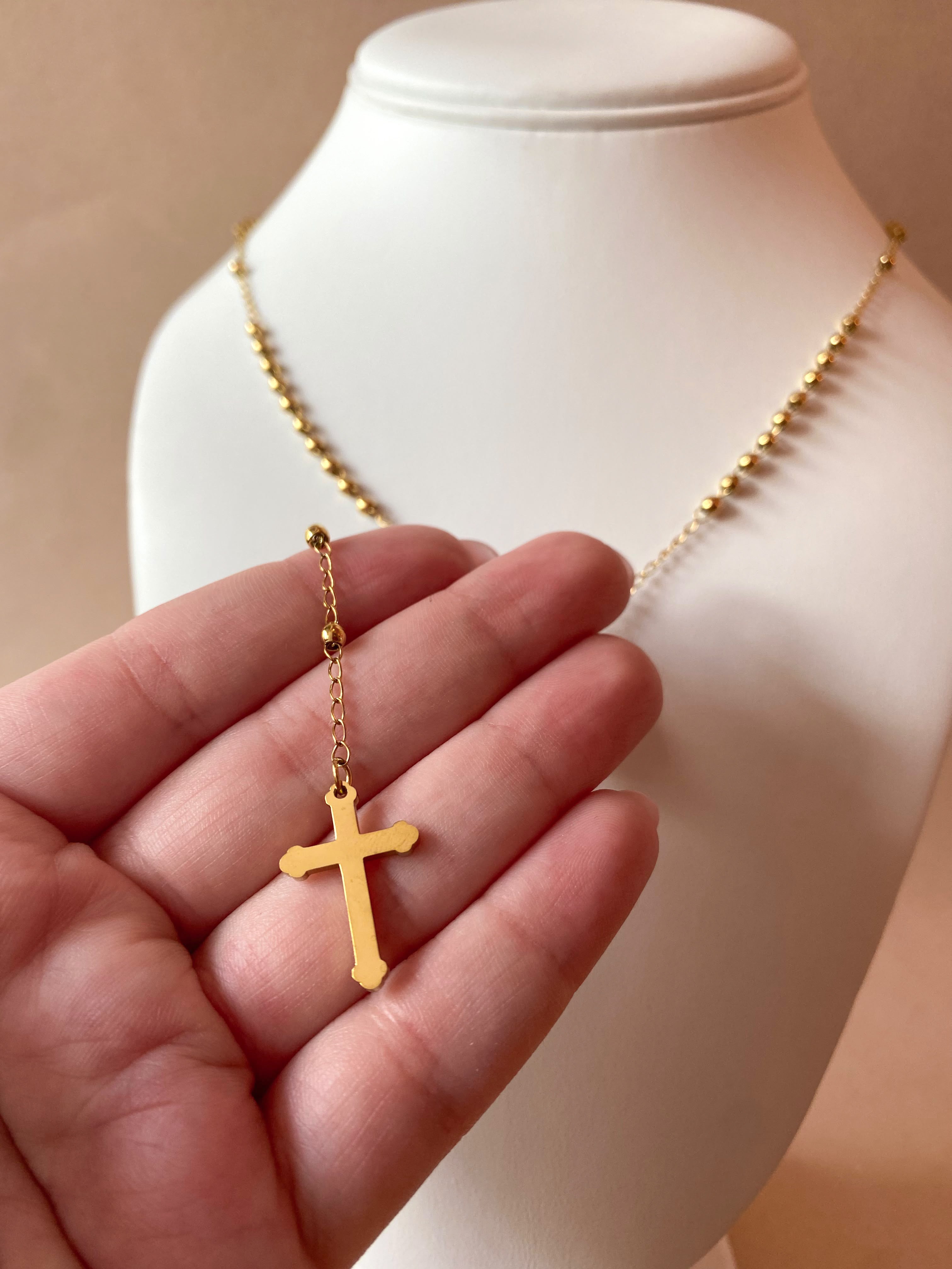 Golden Steel Guadalupe Virgin Rosary Necklace