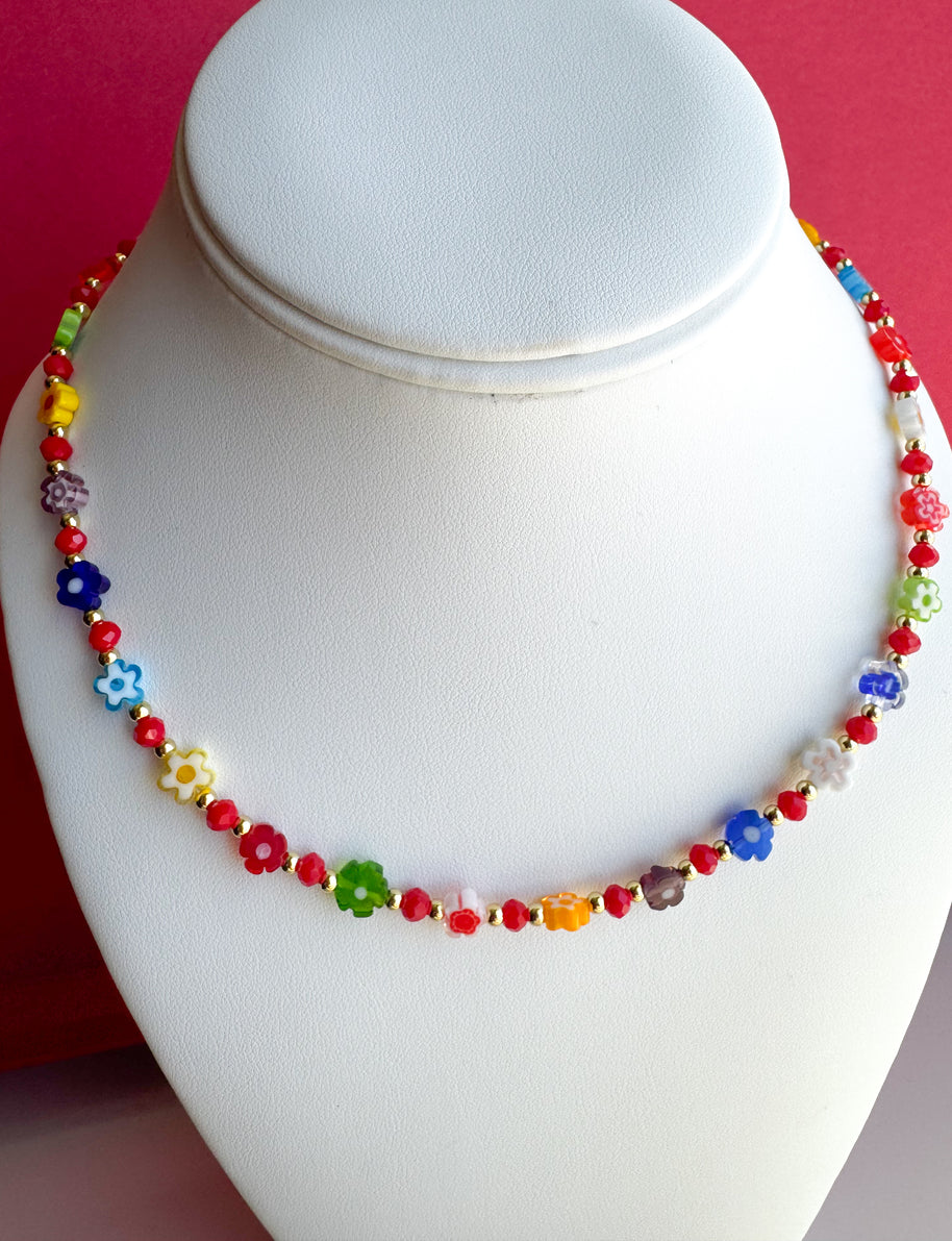 Cadena Flores Coloridas Beads Rojos