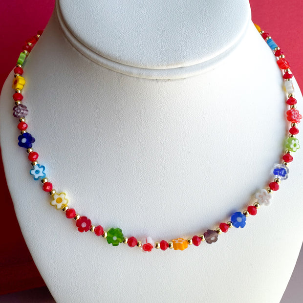 Cadena Flores Coloridas Beads Rojos