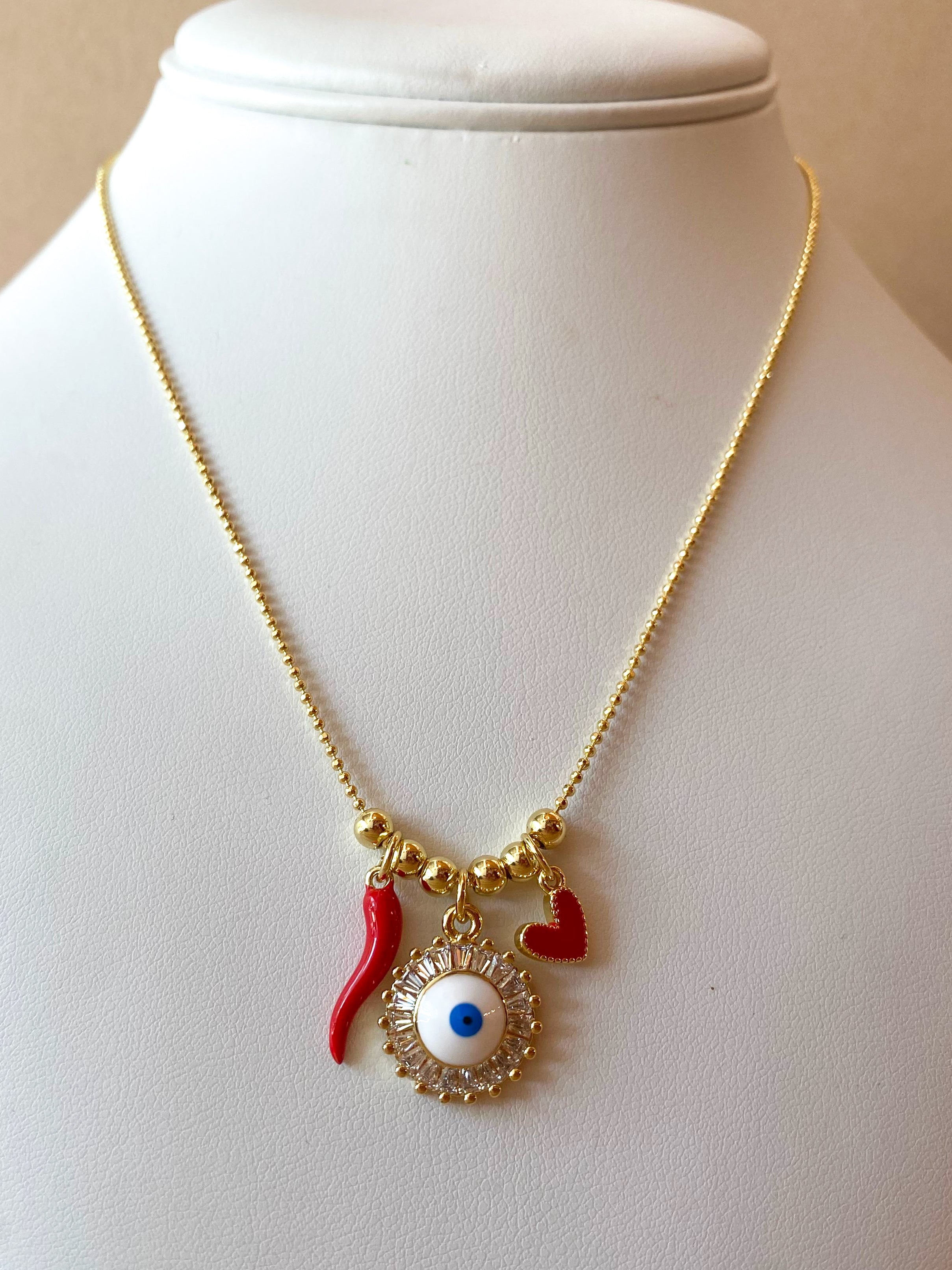 Shiny Evil Eye 🧿, Horn & Red Heart Adjustable Necklace