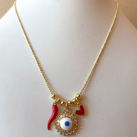 Shiny Evil Eye 🧿, Horn & Red Heart Adjustable Necklace