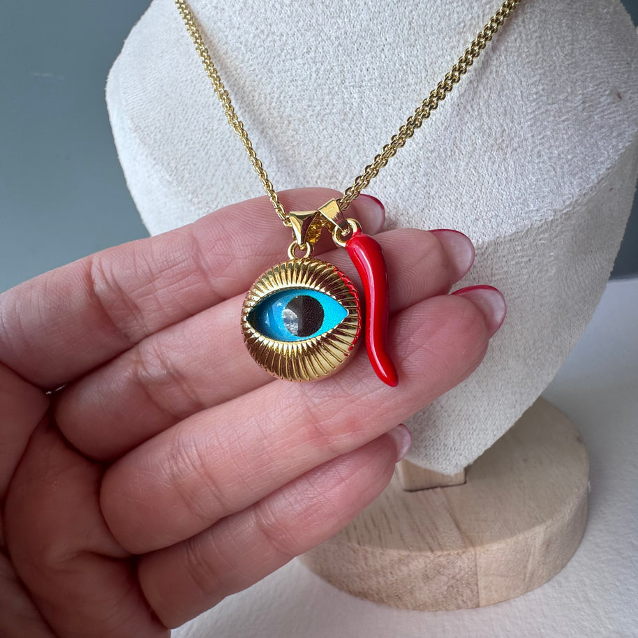 Big Evil Eye Red Horn Chinese Fabric Chain Necklace