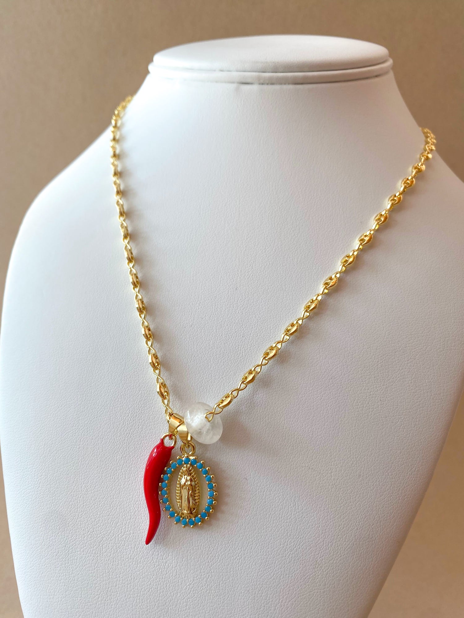 Guadalupe Virgin, Red Horn & Clear Turkish Stone Little Coffee Grain Necklace
