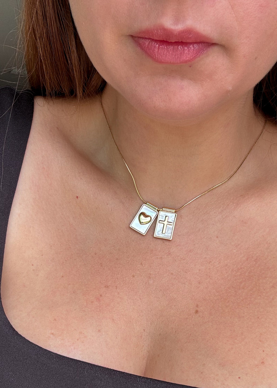Cross and Heart Mother of Pearl Scapular Adjustable Necklace