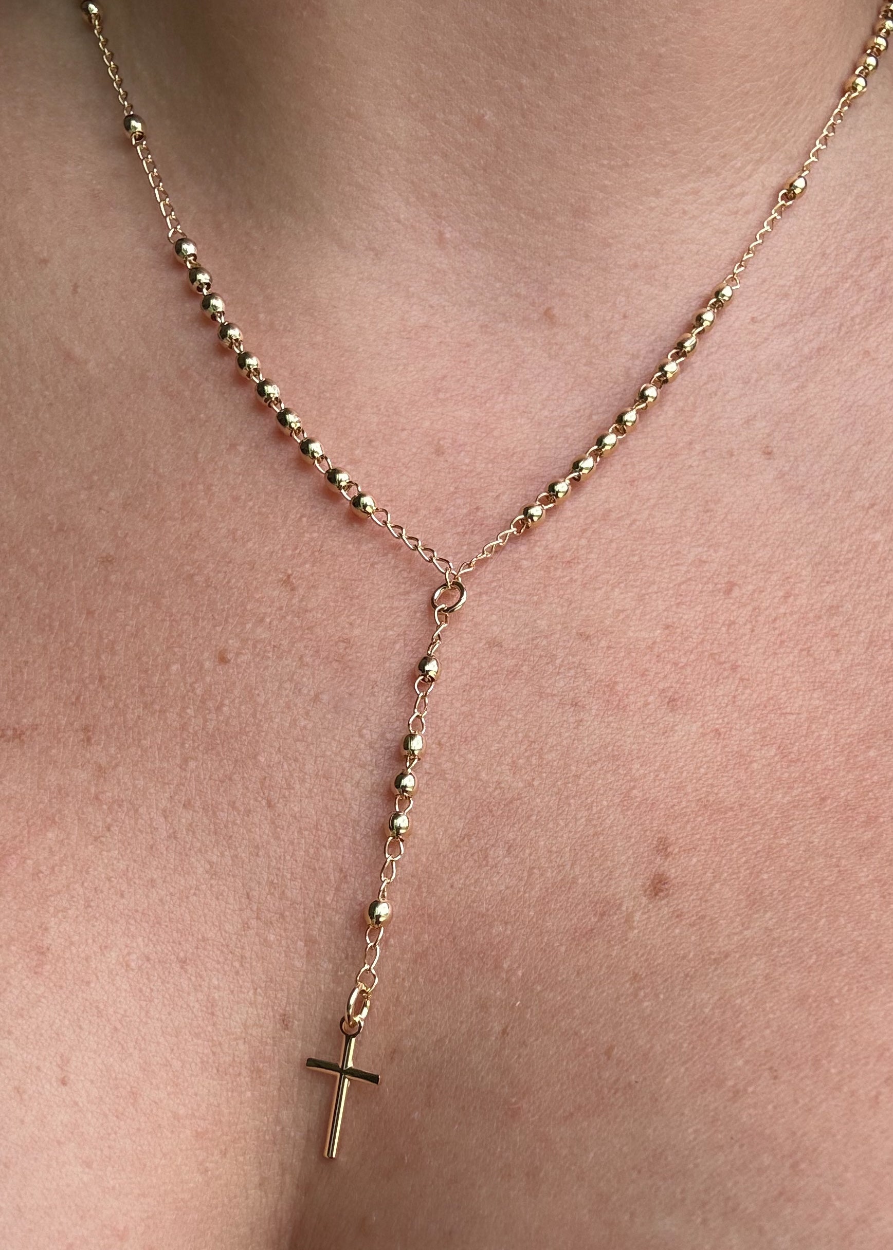 Golden Plain Cross Rosary Necklace
