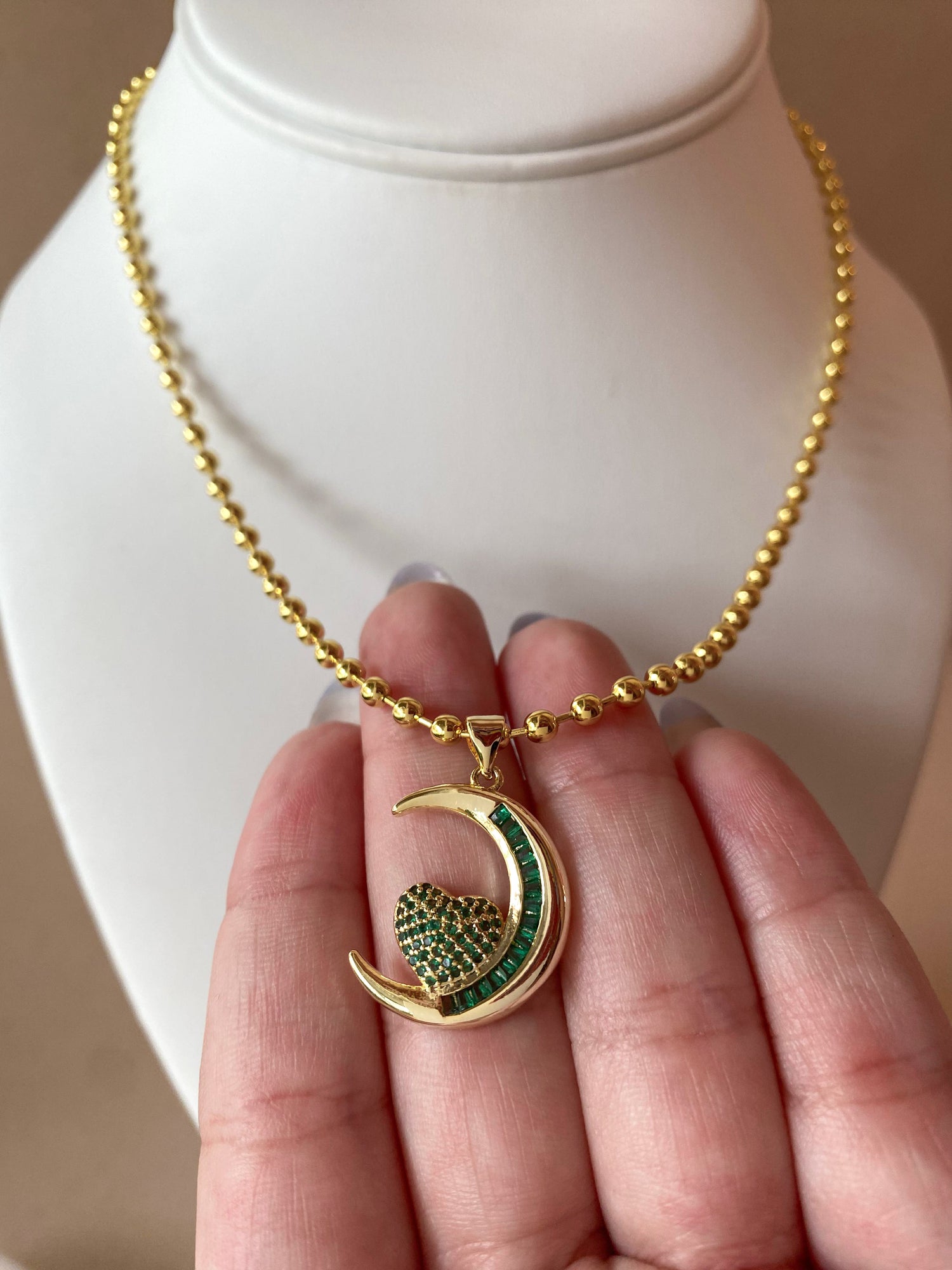 Heart and Moon Green Necklace
