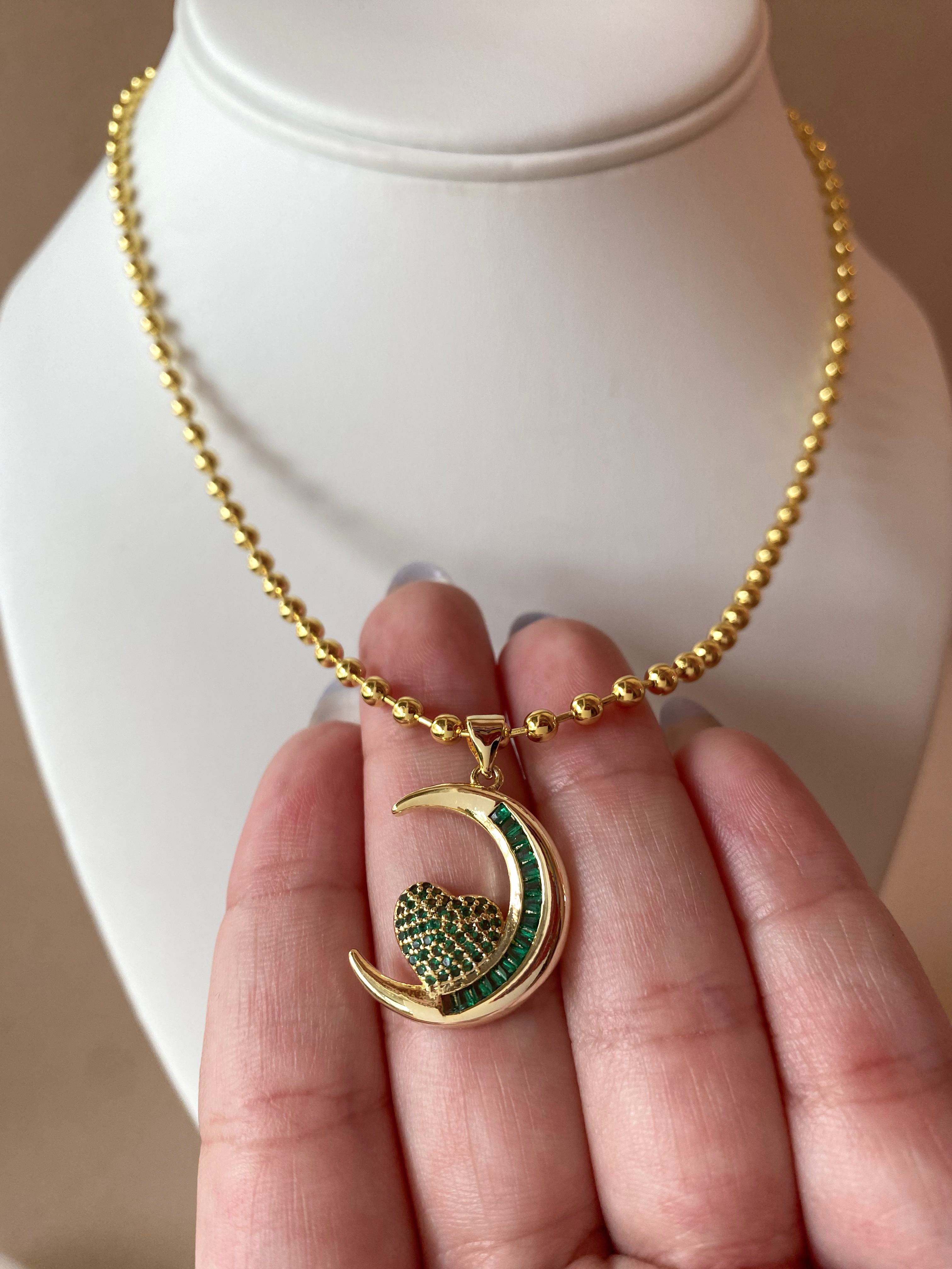 Heart and Moon Green Necklace