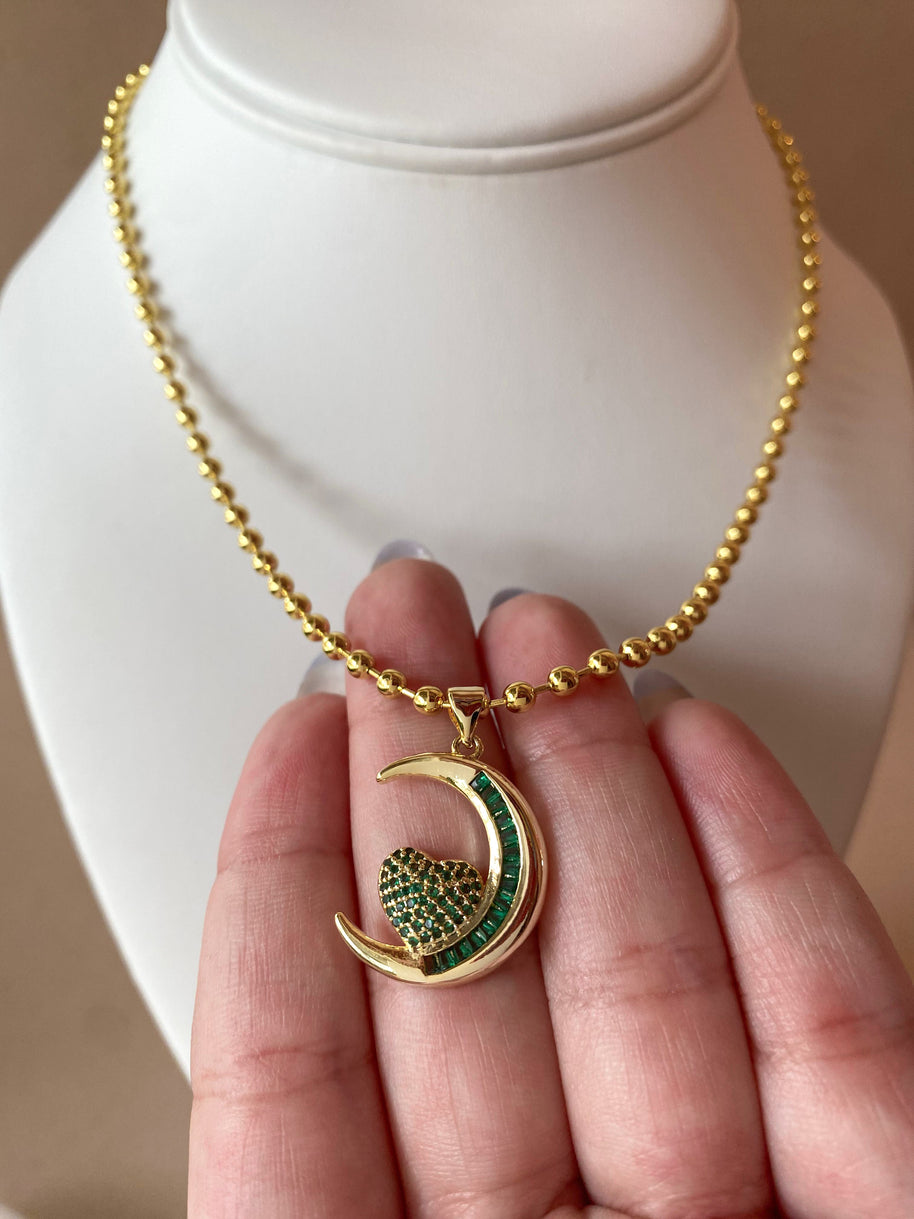 Heart and Moon Green Necklace