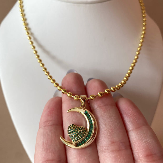 Heart and Moon Green Necklace