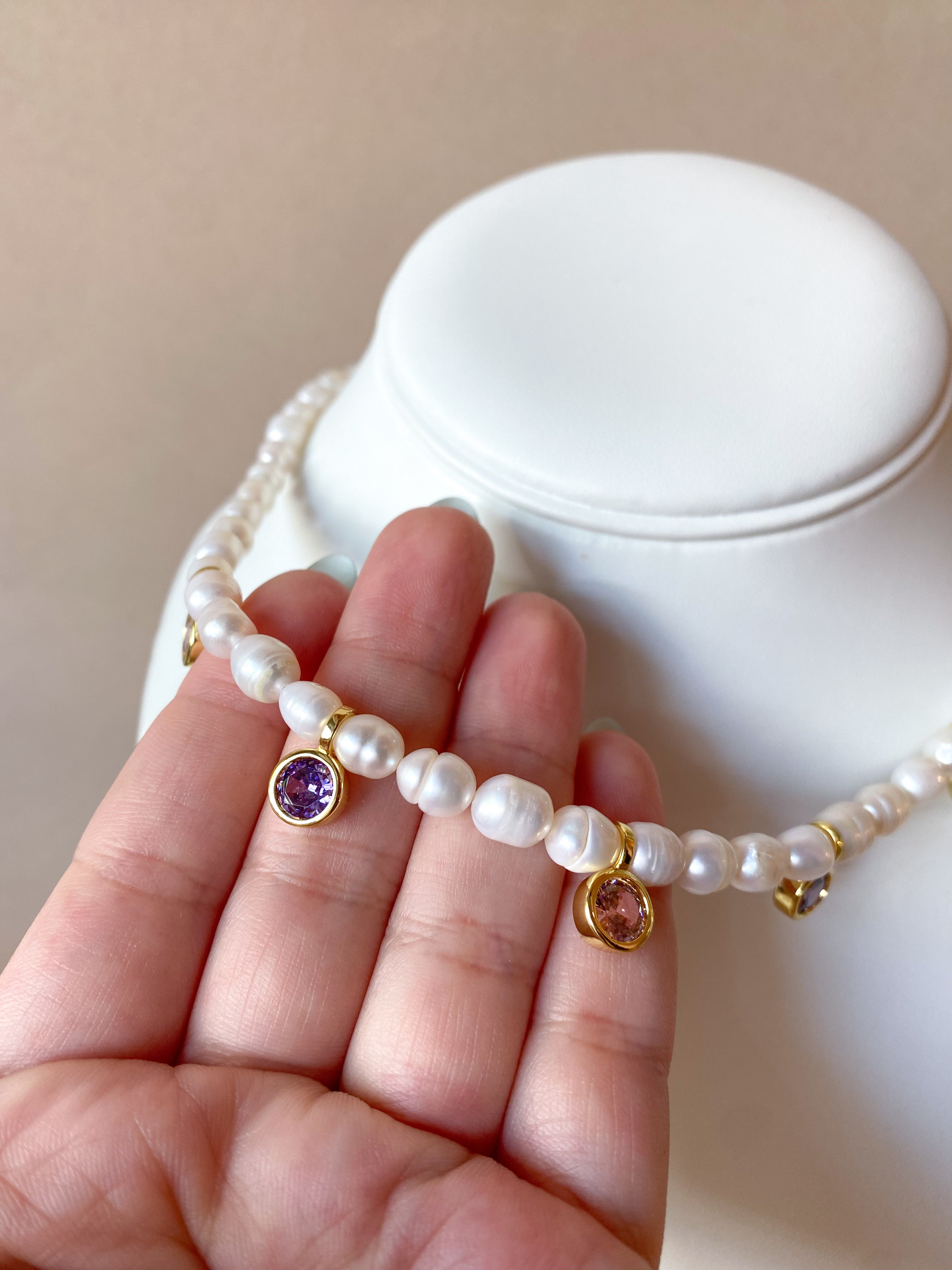 Pearls, Purple and Pink Crystals Necklace
