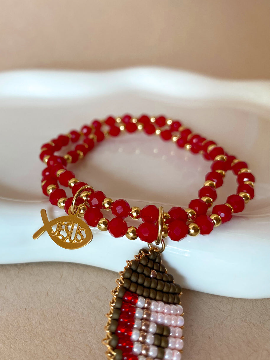 Red Crystals Jesus Fish Charms Elastic Bracelet