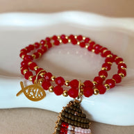 Red Crystals Jesus Fish Charms Elastic Bracelet