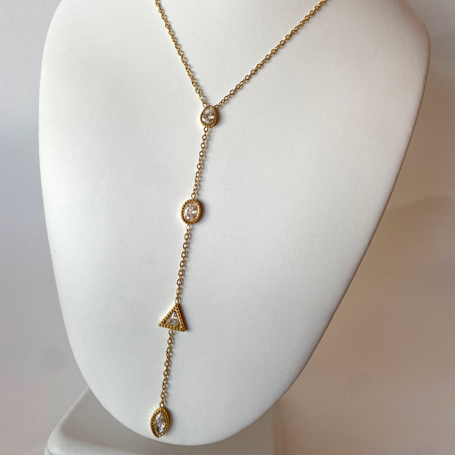 Gold Steel Long Y Drop Necklace with Zirconia
