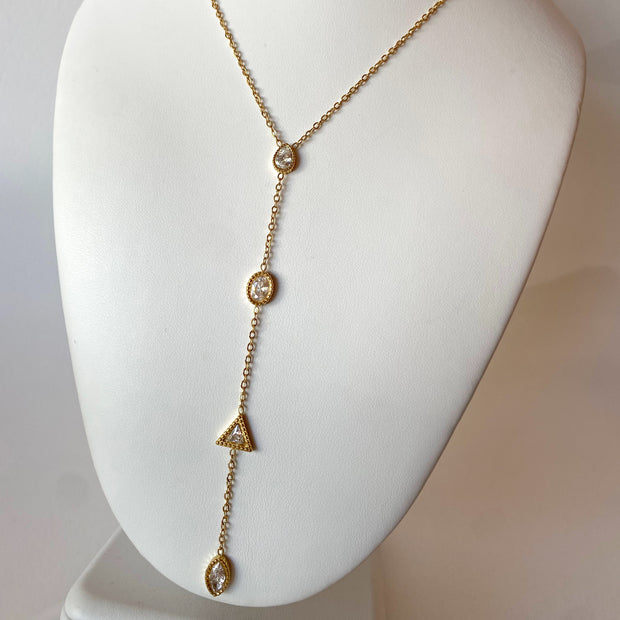 Gold Steel Long Y Drop Necklace with Zirconia