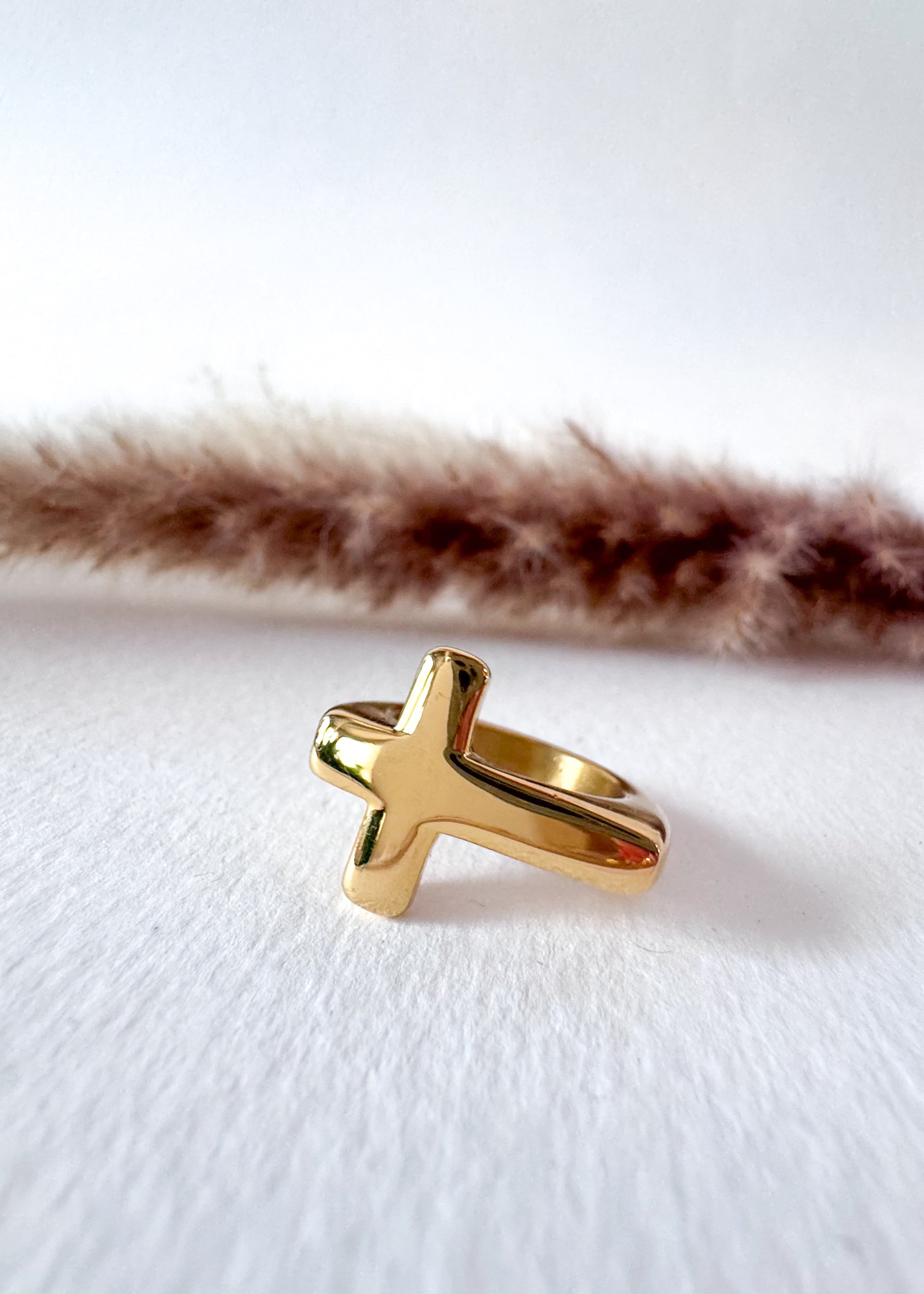 Golden Steel Cross Shape Ring