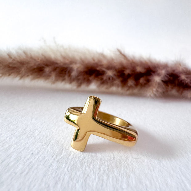 Golden Steel Cross Shape Ring