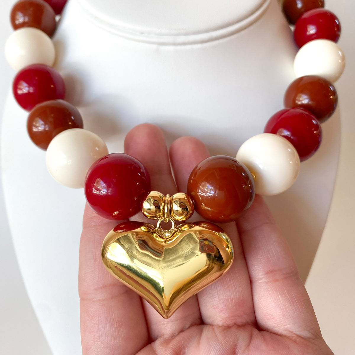 Red Wine, Brown and White Big Acrylic Beads with Golden Heart Necklace