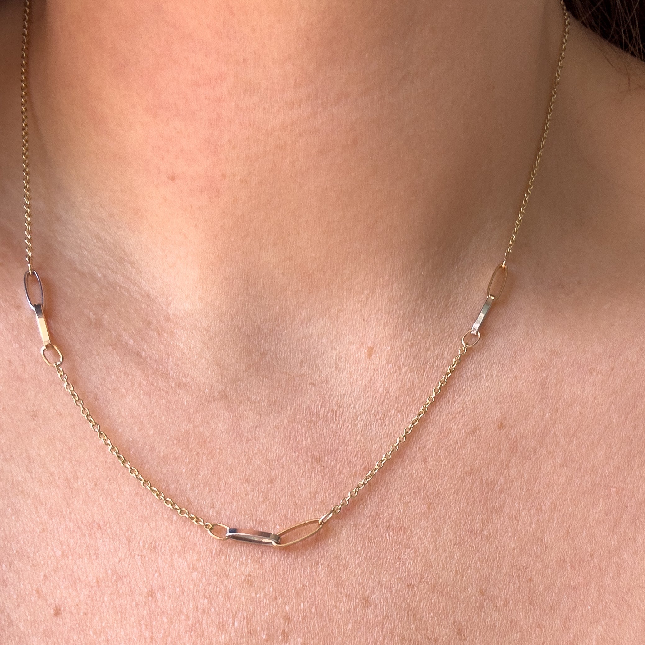 Gold and Silver PaperClip Station Chain 14k Solid Gold Necklace