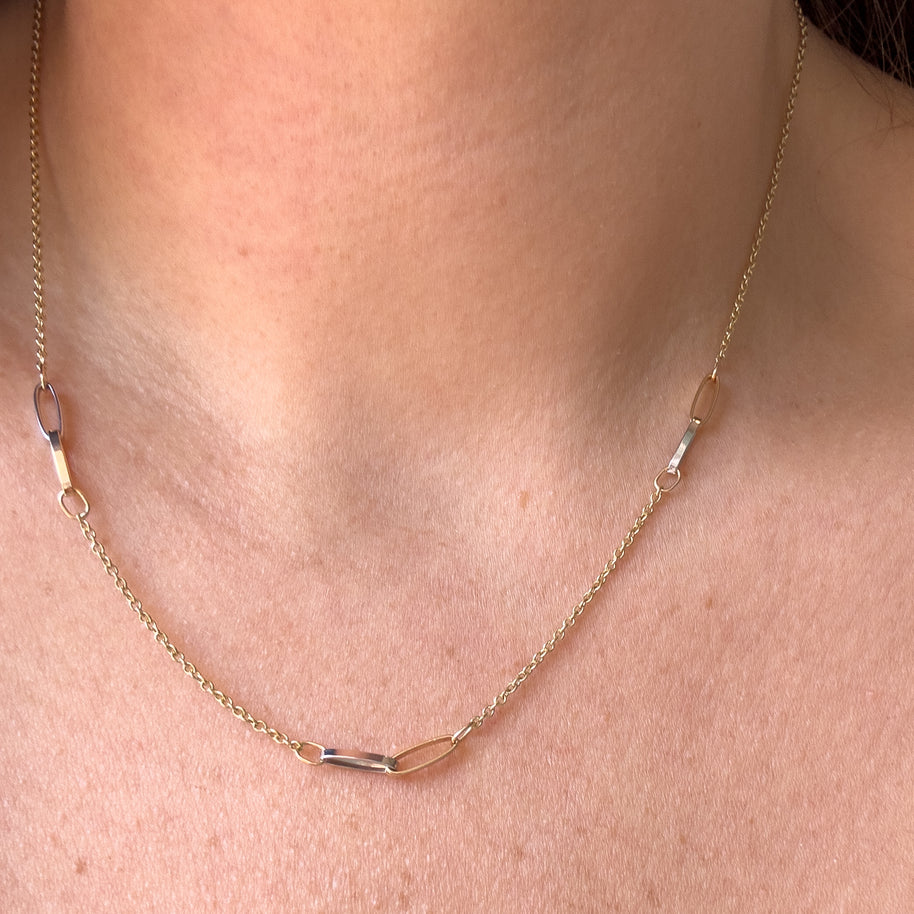 Gold and Silver PaperClip Station Chain 14k Solid Gold Necklace