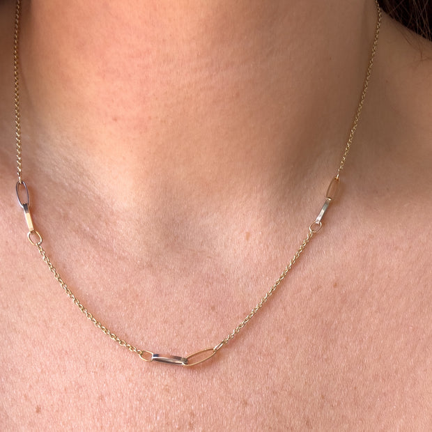 Gold and Silver PaperClip Station Chain 14k Solid Gold Necklace