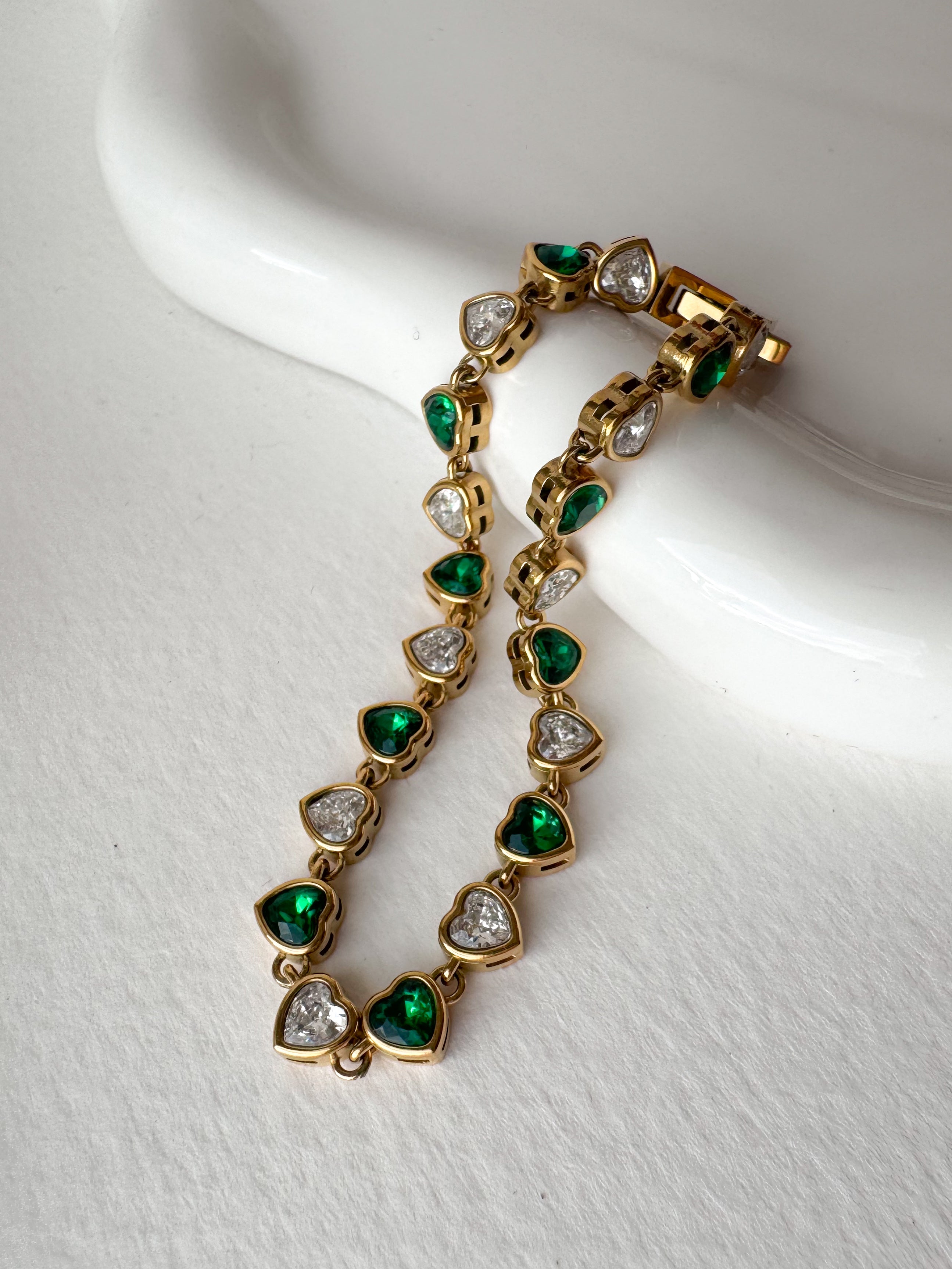 White & Green Hearts Crystal Shape Steel Golden Bracelet