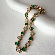 White & Green Hearts Crystal Shape Steel Golden Bracelet