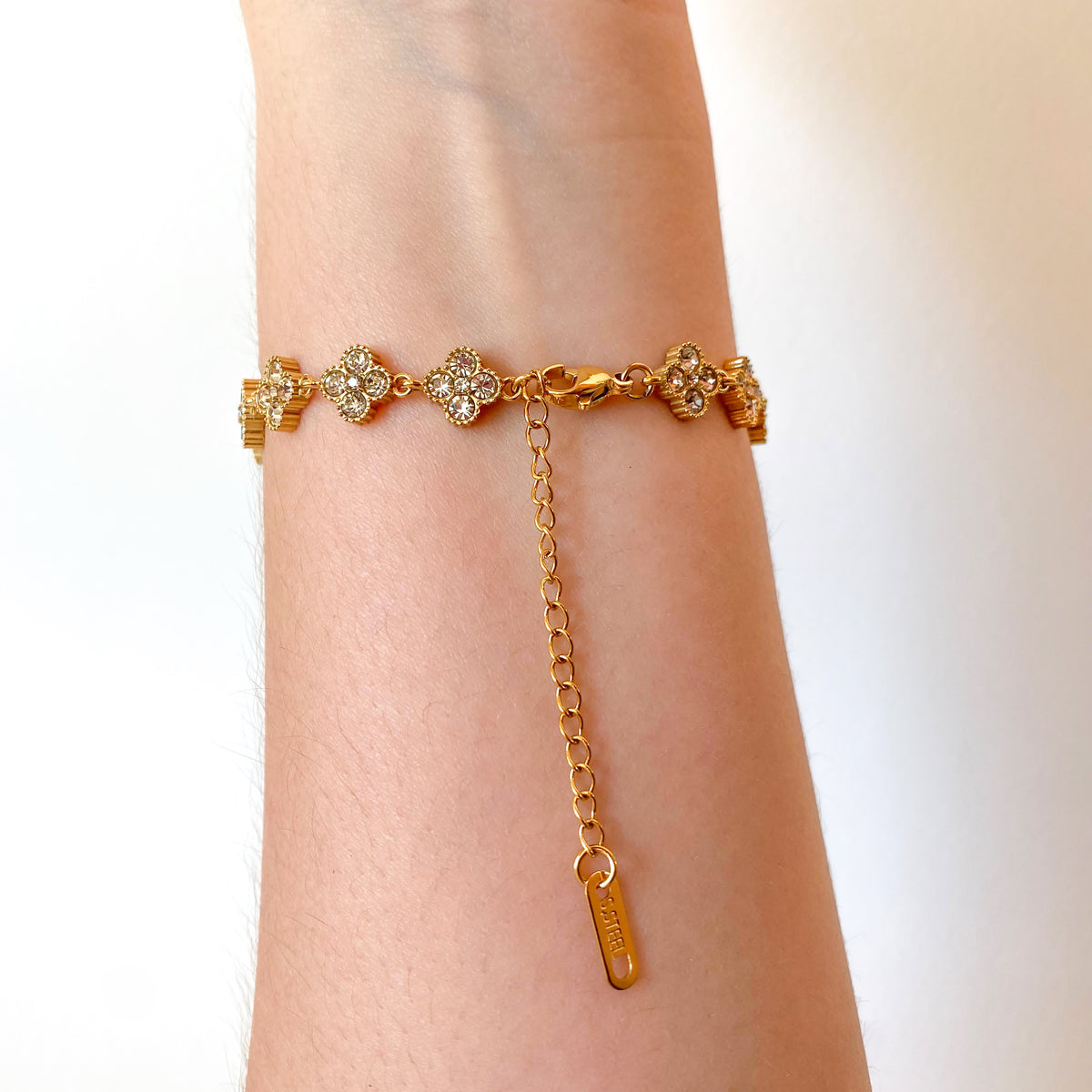 Shiny Zircon Clear Clovers Steel Bracelet